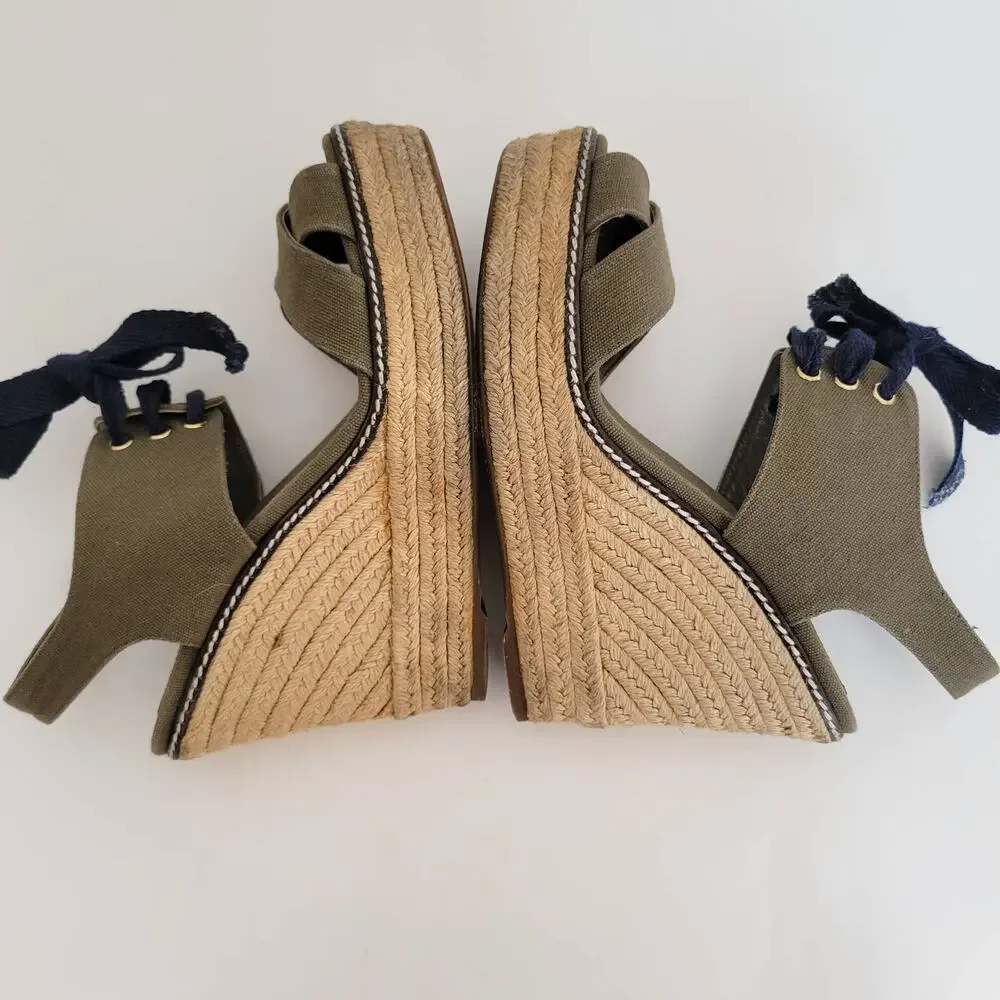 Tory Burch Lace Up Espadrille Wedge Sandals Olive Green Platform Women 9